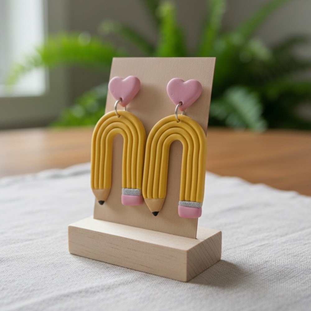 Curved Pencil Drop Stud - Handmade Earrings - Yellow - Picture 2 of 8